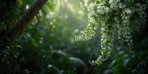 Obraz premium Tropical forest Ecalipta prostrata vines with small white flowers, seasonal flowering patterns