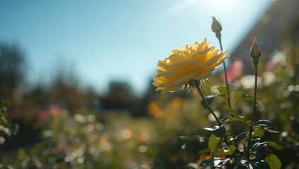 Vivid yellow rose blooming in an outdoor garden, highlighting floral growth and nature preservation