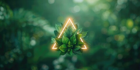 Lush green foliage under triangle neon lighting, suitable for contemporary design backdrops