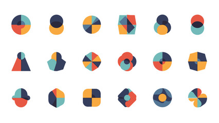 Modern geometric symbols with a retro color palette create a vibrant and balanced arrangement