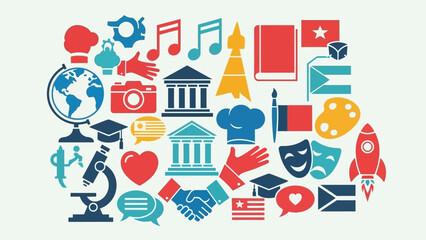 Obraz premium Multicultural diverse education and knowledge concept with variety of colourful symbols