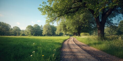 Naklejka premium Quiet woodland trail surrounded by vibrant foliage beneath a bright sky, suitable for recreational walks or cycling