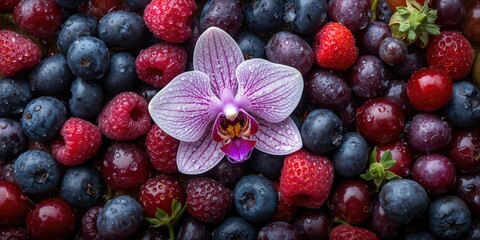 Close-up of assorted berries and ground cherries with an edible flower, highlighting fruit diversity for nutrition