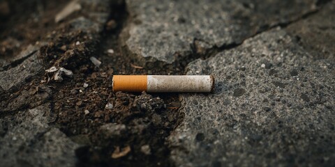 Discarded cigarette butt on rough surface waste and pollution, environmental awareness day