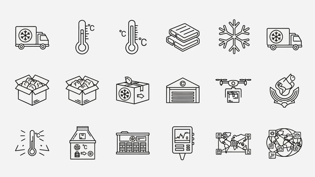 Minimalist outline icons representing the cold chain process and logistical management