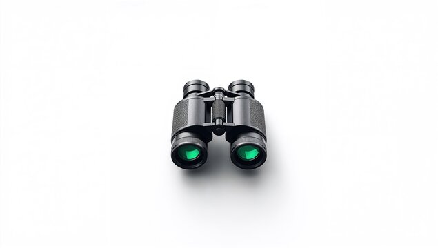 Close-up of black binoculars on a white surface, emphasizing optical clarity and accuracy