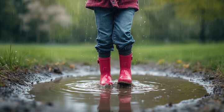 Child dressed in bright pink rubber boots beside a muddy puddle, focusing on footwear for weather protection, no face, preschool setting