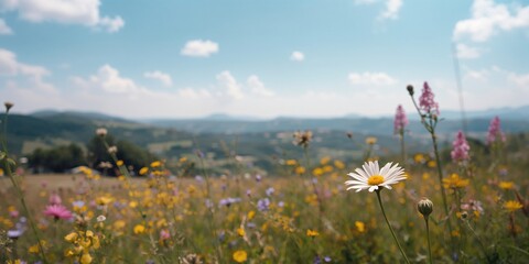 Naklejka premium Soft-focus countryside scene with colorful blooms and open sky, ideal for layout backdrops
