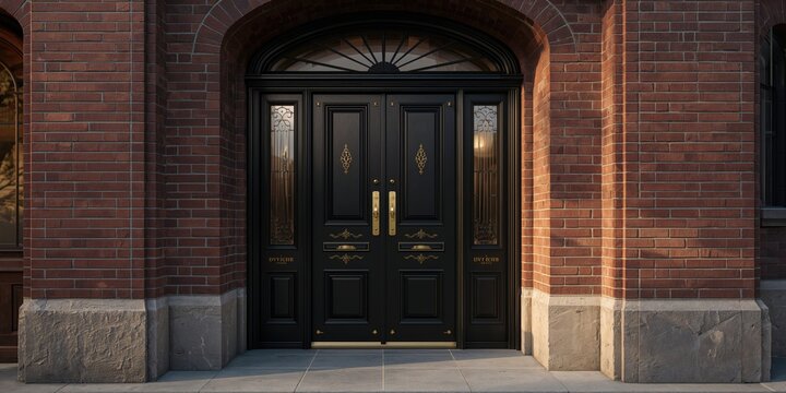 Black door featuring brass hardware, craftsmanship and exterior decor