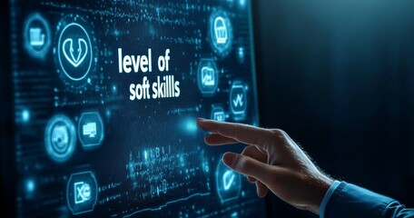 Businessman touching a virtual screen with the text "level of soft skills" and icons on a digital interface, displaying a human resources concept for business development