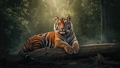 Fototapeta premium Bengal tiger lying on timber in a jungle setting, highlighting animal behavior and habitat preservation