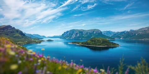 Scenic coastal highway along fjord landscapes on the E39 route from Alesund to Trondheim, seasonal scenery