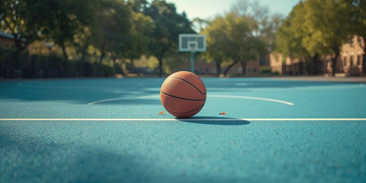 Basketball resting on a blue court, set for school team training, athletic preparation - Powered by Adobe