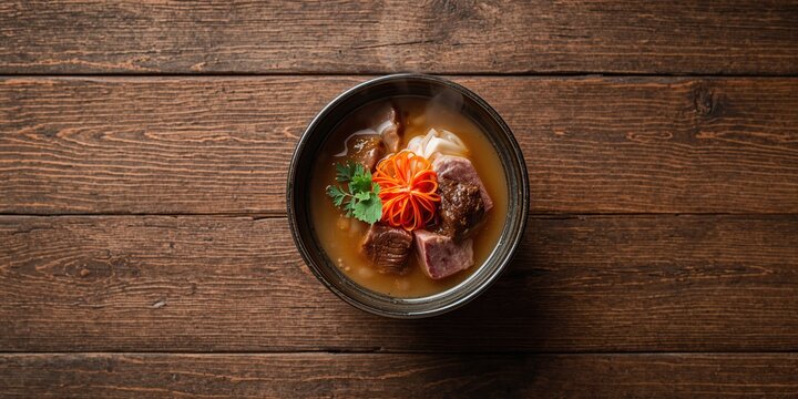 Bowl of Japanese ox tail soup placed on a wooden surface, traditional cuisine