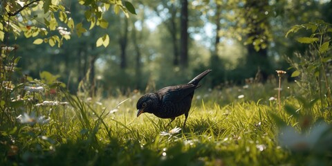 Fototapeta premium Blackbird foraging in a springtime woodland environment, with flowers, leaves, and tall grass providing a rich habitat
