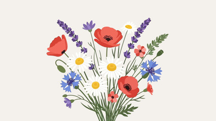Whimsical floral arrangement showcasing daisies, poppies, lavender, and cornflowers against a