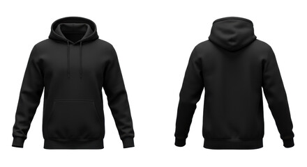 hyper-detailed composite shot of premium blank black cotton fleece hoodie (front/back) using ghost mannequin, showcasing deep matte fabric texture on seamless white background. concept for apparel