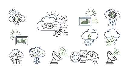 Artificial intelligence network and weather icons for meteorology forecast analysis