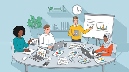 Diverse team collaborating in an office setting, reviewing charts and analyzing data for strategic