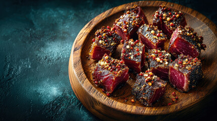 Delicious cubes of seasoned meat artfully arranged on a wooden plate, offering a tantalizing culinary experience