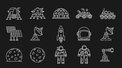 Conceptual representation of lunar exploration and colonization elements in simplistic white line © Anisah