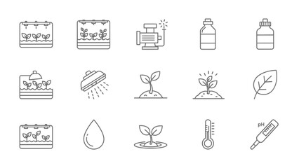 Icon set illustrating hydroponics and seedling cultivation techniques for plant growth