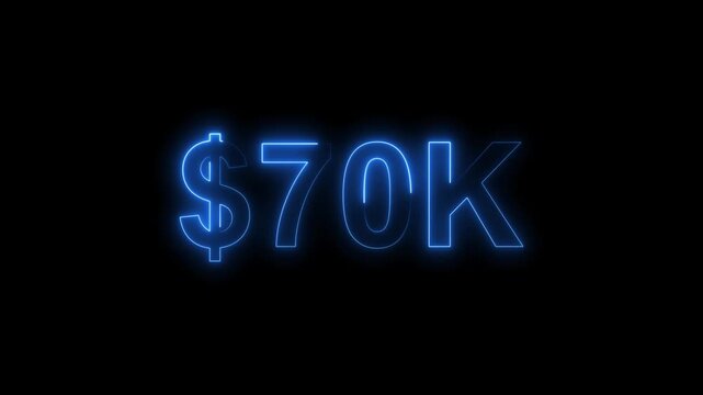 Neon line bright 70k followers isolated royal blue color animation on black background. Vibrant neon shiny 70k text royal blue color animation digits for high-resolution. 