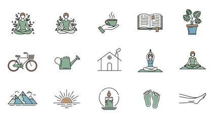 Minimalist lifestyle icons conveying peace relaxation and self care practices for daily wellness