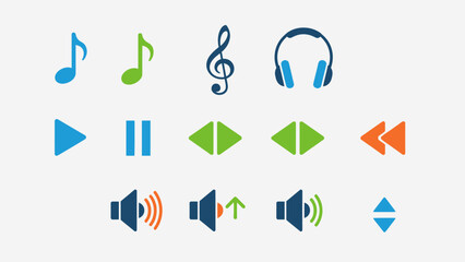 Diverse set of audio and music controls and symbols with vibrant color accents and minimalistic