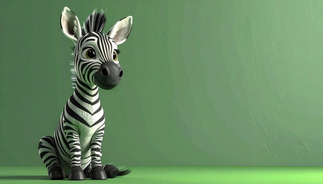 niedliches Zebra sitzt vor einem gr&uuml;nen Hintergrund mit Platz f&uuml;r eigenen Text