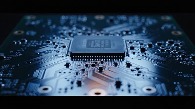 Close-up of a blue-toned computer motherboard with a central processor and dense circuitry visible.