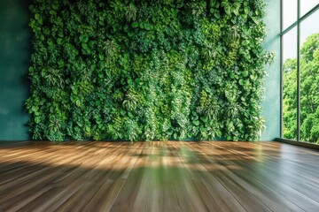 An empty room with a vibrant green wall and polished wooden floor provides a serene and inviting backdrop for a variety of interior design and lifestyle concepts in stock photography