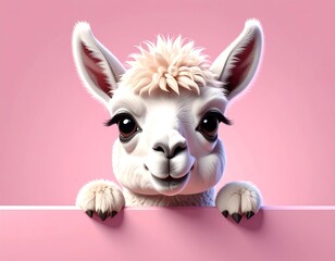 Naklejka premium niedliches Lama mit großen Augen schaut über eine Wand - rosa Hintergrund,