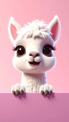 Obraz premium niedliches Lama mit großen Augen schaut über eine Wand - rosa Hintergrund,