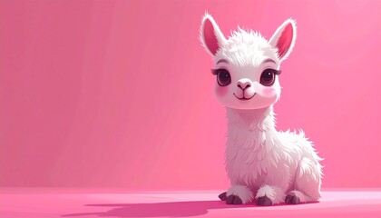 Naklejka premium liegendes niedliches Lama mit großen Augen vor einem rosa Hintergrund mit Platz für eigenen Text