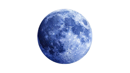 Full Blue Moon Illuminated With Craters and Surface Details Against A Black Void Background With Tiny Star Like Specks Of Light