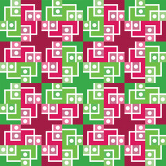 A vibrant geometric maze of looping pink, green, and white shapes forming a playful rhythmic grid with lively abstract motion throughout