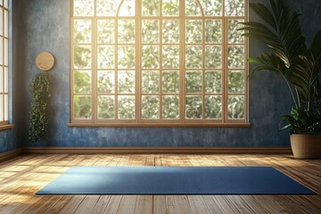 An empty room with a natural wooden floor serves as backdrop for a stock photo featuring a yoga mat- creating a serene and inviting space for relaxation and exercise