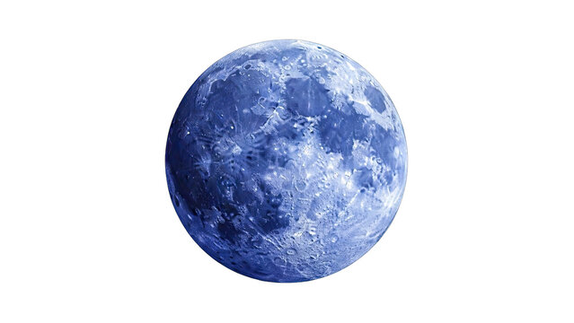 Full Blue Moon Illuminated With Craters and Surface Details Against A Black Void Background With Tiny Star Like Specks Of Light