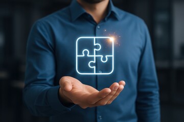 Solution in Hand: A professional in a formal shirt extends a welcoming palm, upon which a luminous jigsaw puzzle icon floats, symbolizing unity, connectivity, and the power of combined resources 