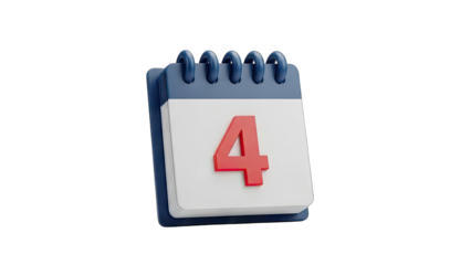 Blue and White Spiral Bound Calendar Showing the Number Four in Red Against a Transparent Background