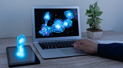 Businessman working on laptop with virtual document management system (DMS) and cloud automation. Concept of paperless office, digital workflow, and data security. document processing,