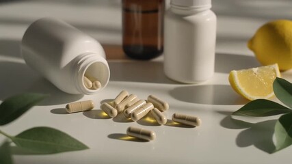 Vitamins and supplements close view on white background - Powered by Adobe