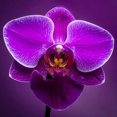 A close-up view presents a vibrant purple orchid. Its delicate petals are delicately striped, with a soft white outline. The flower's center has yellow details