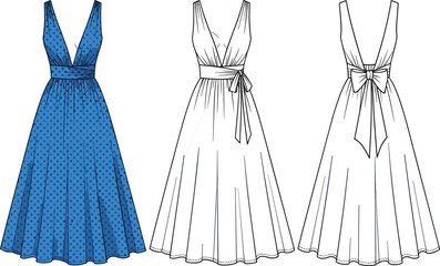 Fashion dress design, sleeveless V-neck dress, polka dot blue dress, sewing pattern, flared skirt, bow waist, stylish illustration