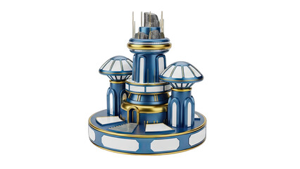 Futuristic Blue and Gold Building with White Domes and Towers on a Circular Base with Abstract Cityscape Elements on Top Isolated on Black