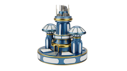 Futuristic Blue and Gold Building with White Domes and Towers on a Circular Base with Abstract Cityscape Elements on Top Isolated on Black