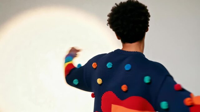 Man smiles wearing a colorful sweater under a soft spotlight with a clean neutral background, his relaxed pose and warm expression convey a friendly modern lifestyle and approachable branding mood wit