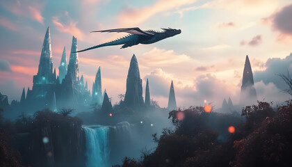 Majestic Dragon Flying Above Misty Fantasy Spires and Waterfalls at Sunrise