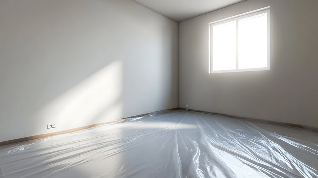 A bright, minimalist room basks in sunlight streaming through a window. Plastic sheeting protects the floor, suggesting a space ready for renovation or a fresh, clean start.